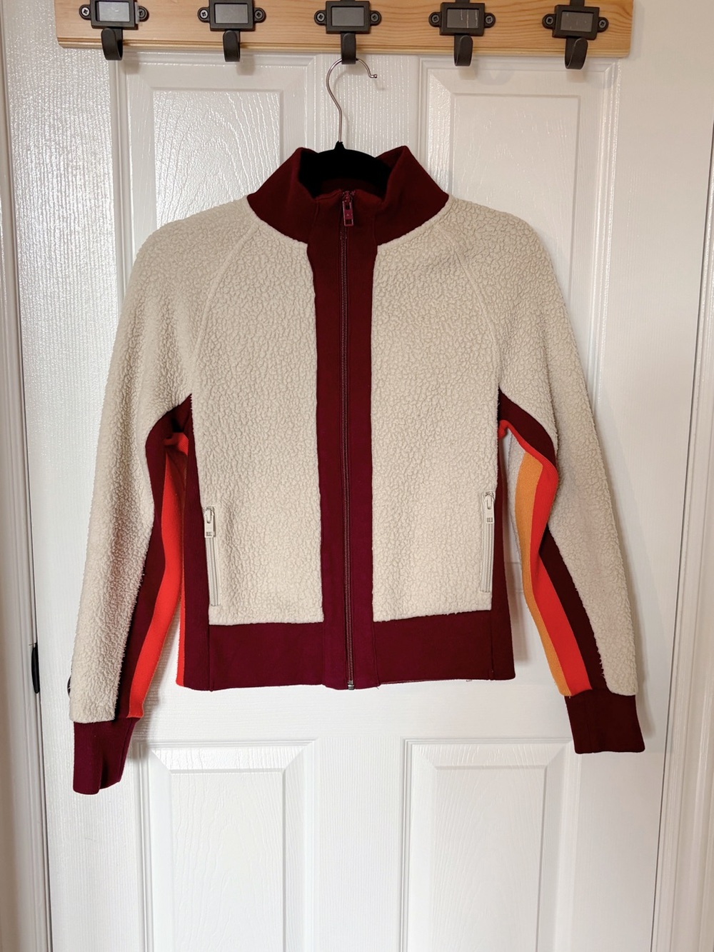 Aritzia Womens Cream Sherpa Jacket with Burgundy & Orange Stripe Accents